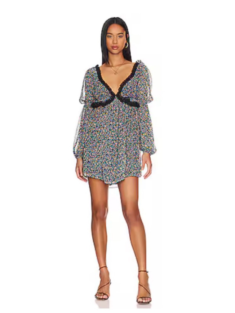 Floral V-Neck Mini Dress with Black Trim